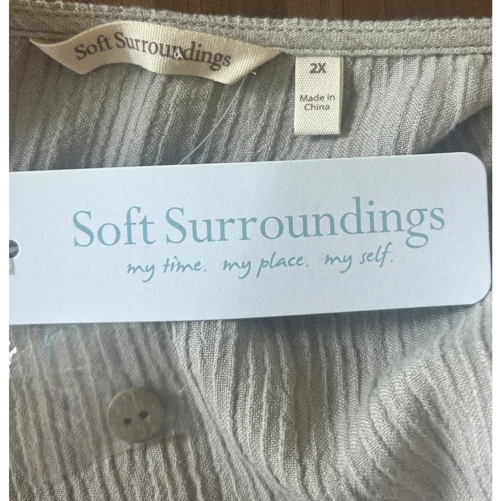 Soft Surroundings Size 2X Taupe Crinkle Gauze Open Cardigan Button Accent Cuff